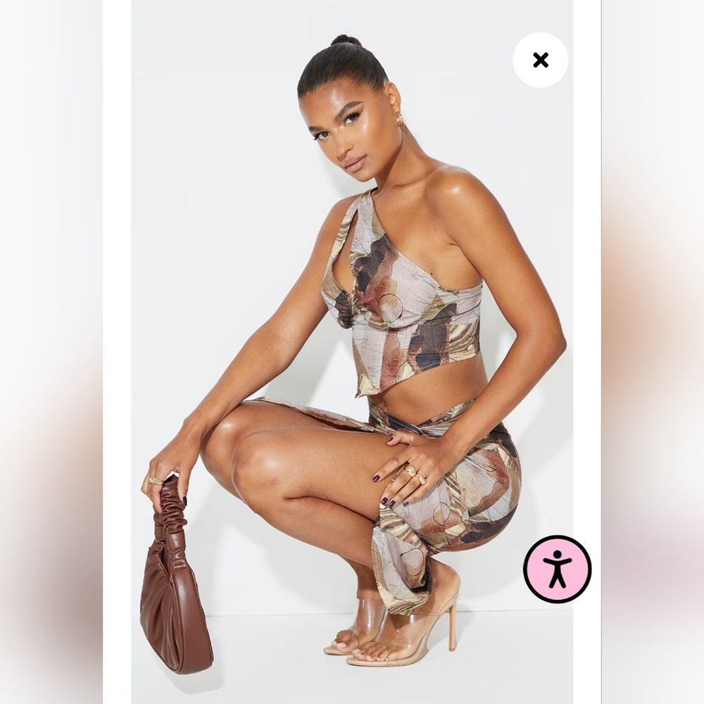 Beige Abstract Print Woven One Shoulder Underbust Corset Top and skirt size xs